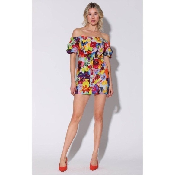 NWT Walter Baker Kylie Puff Sleeve Off the Shoulder Mini Dress Colorful Sz 0 - Picture 13 of 14